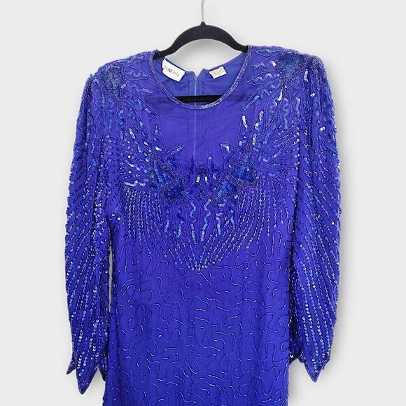 VTG Denise Elle Formal Gown‎ Sz Medium Blue Silk Beaded 80s Maxi Mermaid Glam - Picture 5 of 16